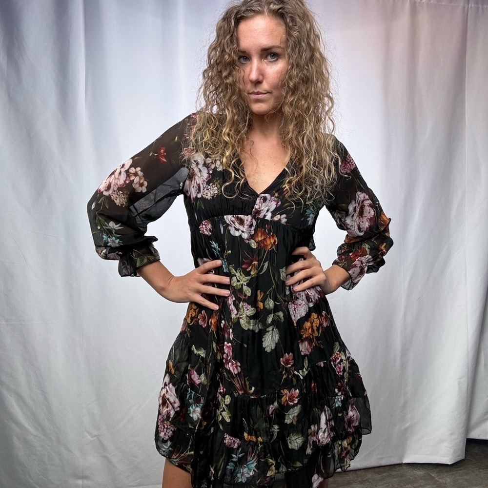 Bellambra‎ 3/4 Sleeve Silk Mini Dress in Black Floral Size Extra Small
